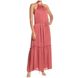 One One Six Clay Maxi Tiered Skirt Dress Halter Neck Orange Women's Size L NWT